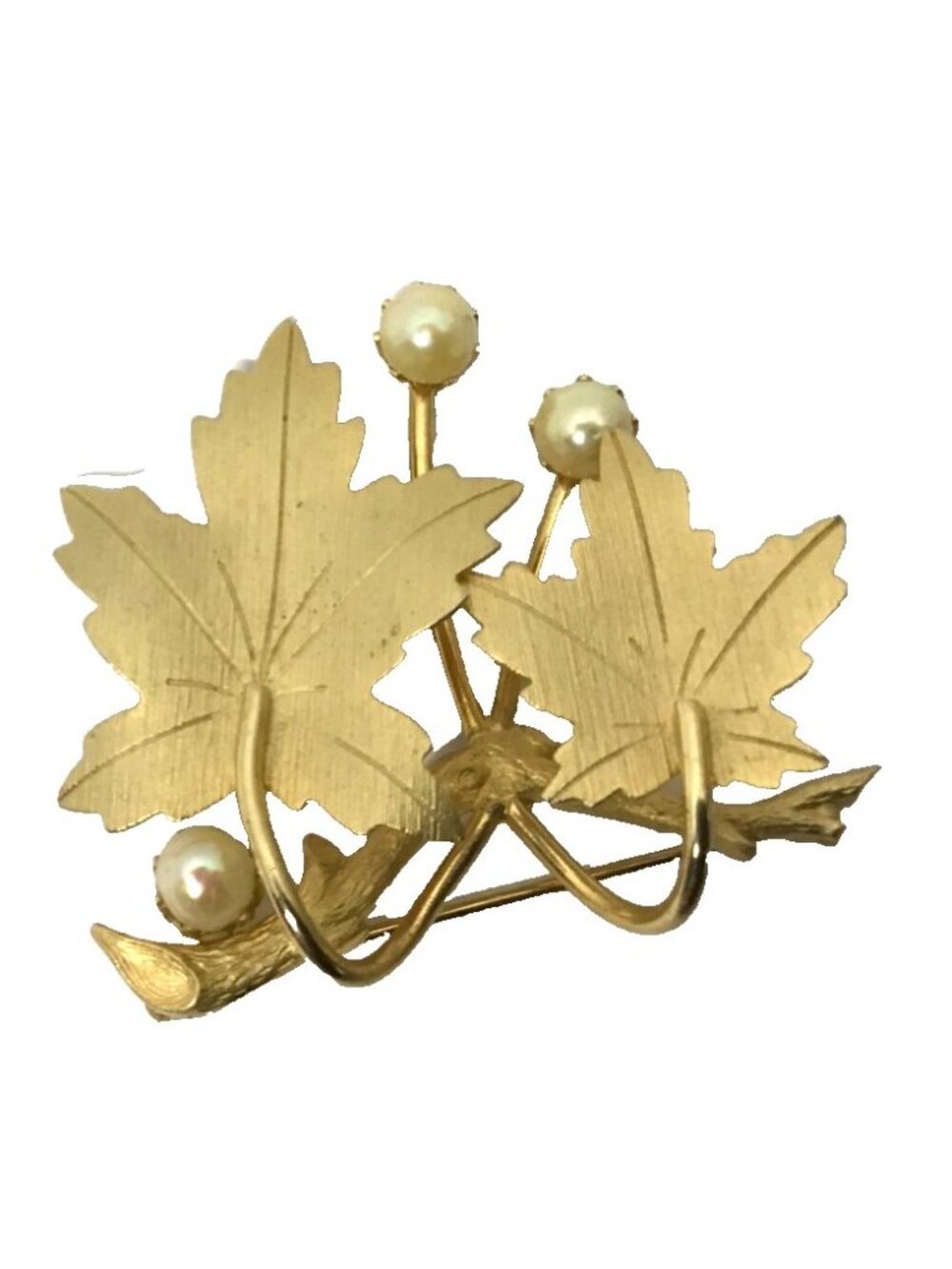 Sarah Coventry Signed Vintage 1964 Gold Tone Leaf Faux Pearl Brooch